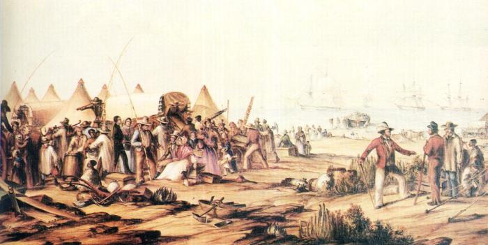 The 1820 British settlers arrive in Algoa Bay, Port Elizabeth. Image courtesy of: http://portelizabethtimes.blogspot.com/2011/03/1820-british-settlers-arrive-algoa-bay.html